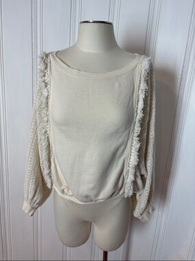 Bohemian Fringe Cream Cotton Jumper | Oversized Balloon Sleeve - M (estimated)